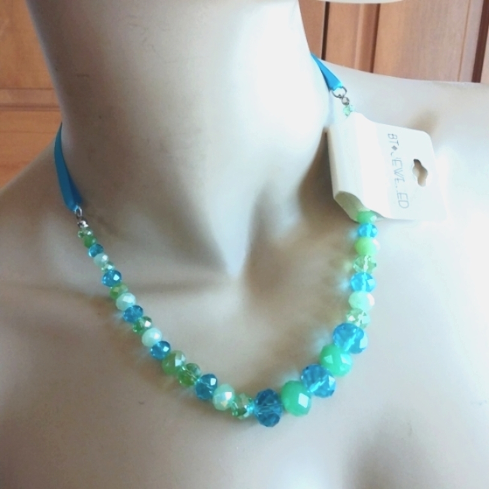 BT Jeweled Blue and Green Beaded Necklace New with Tags